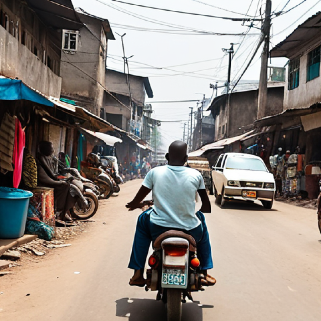 **Prompt for Mokoto (Motorcycle Taxi):**
    A dynamic, high-angle shot capturing the essence of Kinshasa's bustling streets. A "Mokoto" (motorcycle taxi) with a skilled driver and a passenger (perhaps a foreign traveler with a backpack) zipping confidently through heavy, colorful traffic. The scene is vibrant with market stalls, pedestrians, and a sense of controlled chaos, conveying speed, freedom, and the direct immersion into the city's energy. Dust and sunlight create a lively atmosphere.