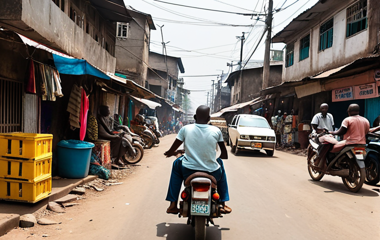 **Prompt for Mokoto (Motorcycle Taxi):**
A dynamic, high-angle shot capturing the essence of Kinshasa's bustling streets. A "Mokoto" (motorcycle taxi) with a skilled driver and a passenger (perhaps a foreign traveler with a backpack) zipping confidently through heavy, colorful traffic. The scene is vibrant with market stalls, pedestrians, and a sense of controlled chaos, conveying speed, freedom, and the direct immersion into the city's energy. Dust and sunlight create a lively atmosphere.