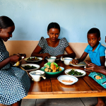 A multi-generational Congolese family sharing a communal meal in a modest, clean home setting. Family members, including elders and children, are seated around a shared dish, using their right hands to eat respectfully. Everyone is dressed in clean, modest, and appropriate traditional Congolese clothing, with women's shoulders and knees covered, and men in respectable attire. The atmosphere is one of warmth, hospitality, and quiet camaraderie, demonstrating the importance of community and shared experience. Natural lighting filters into the simple, authentic interior, highlighting humble furnishings. Perfect anatomy, correct proportions, natural pose, well-formed hands, proper finger count, natural body proportions. Fully clothed, appropriate attire, modest clothing, professional dress, safe for work, appropriate content, family-friendly, high quality, professional photography.