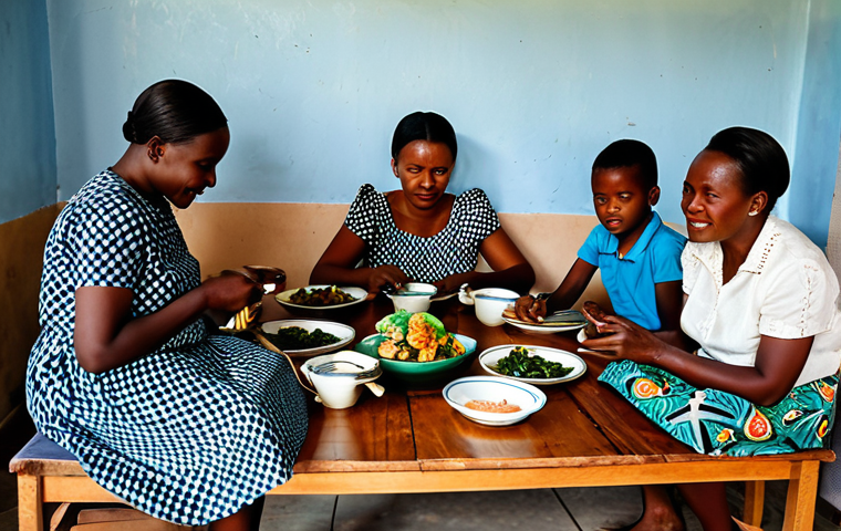 A multi-generational Congolese family sharing a communal meal in a modest, clean home setting. Family members, including elders and children, are seated around a shared dish, using their right hands to eat respectfully. Everyone is dressed in clean, modest, and appropriate traditional Congolese clothing, with women's shoulders and knees covered, and men in respectable attire. The atmosphere is one of warmth, hospitality, and quiet camaraderie, demonstrating the importance of community and shared experience. Natural lighting filters into the simple, authentic interior, highlighting humble furnishings. Perfect anatomy, correct proportions, natural pose, well-formed hands, proper finger count, natural body proportions. Fully clothed, appropriate attire, modest clothing, professional dress, safe for work, appropriate content, family-friendly, high quality, professional photography.