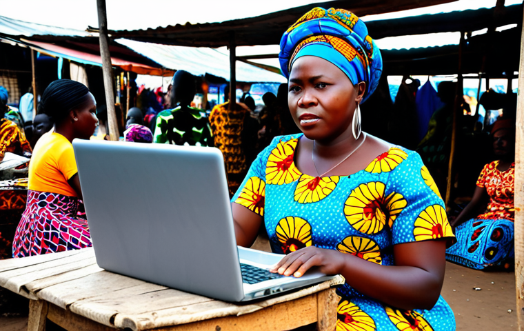 Empowered Businesswoman**

"A Congolese businesswoman in a vibrant, colorful, and modest African print dress, working on a laptop at a bustling marketplace in Kinshasa, surrounded by textiles and local crafts, fully clothed, appropriate attire, safe for work, professional, perfect anatomy, natural proportions, high quality, family-friendly."

**