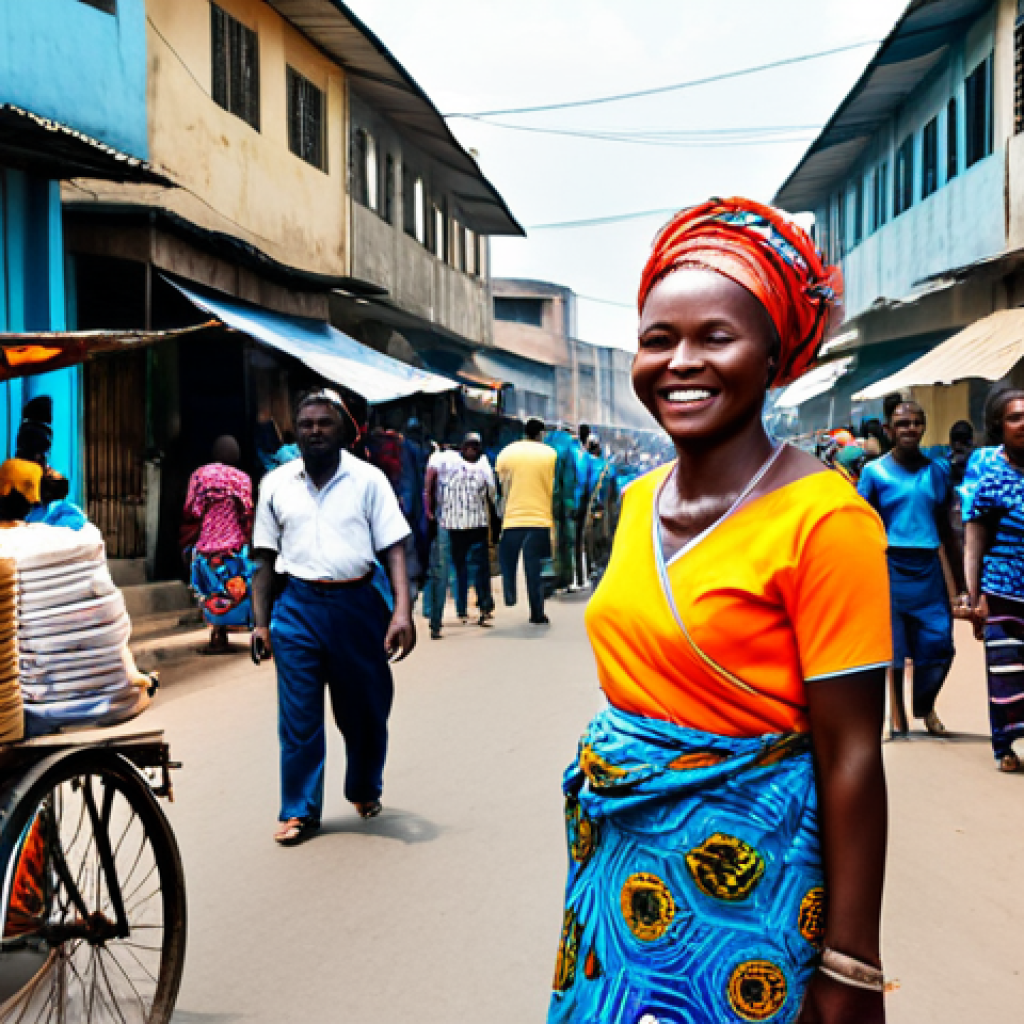 Daily Life in Kinshasa**

"A vibrant street scene in Kinshasa, Congo, showing a bustling marketplace with people buying and selling goods. In the foreground, a woman in a colorful 'Liputa' (traditional wrap) smiles as she interacts with a vendor. Background includes busy traffic and modern buildings mixed with traditional architecture. Fully clothed, appropriate attire, safe for work, perfect anatomy, natural proportions, professional photography, high quality, family-friendly."

**