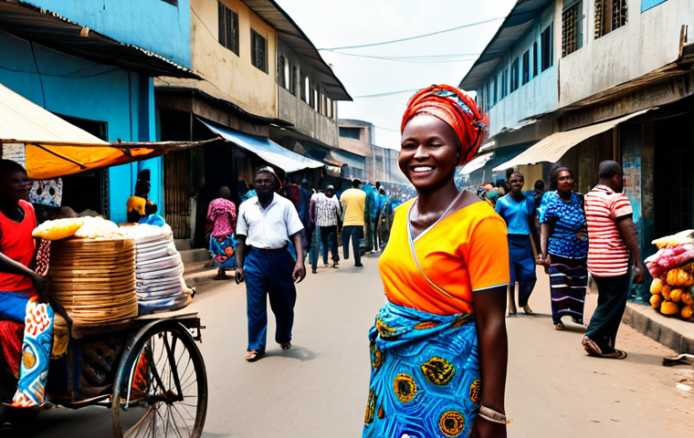 Daily Life in Kinshasa**

"A vibrant street scene in Kinshasa, Congo, showing a bustling marketplace with people buying and selling goods. In the foreground, a woman in a colorful 'Liputa' (traditional wrap) smiles as she interacts with a vendor. Background includes busy traffic and modern buildings mixed with traditional architecture. Fully clothed, appropriate attire, safe for work, perfect anatomy, natural proportions, professional photography, high quality, family-friendly."

**