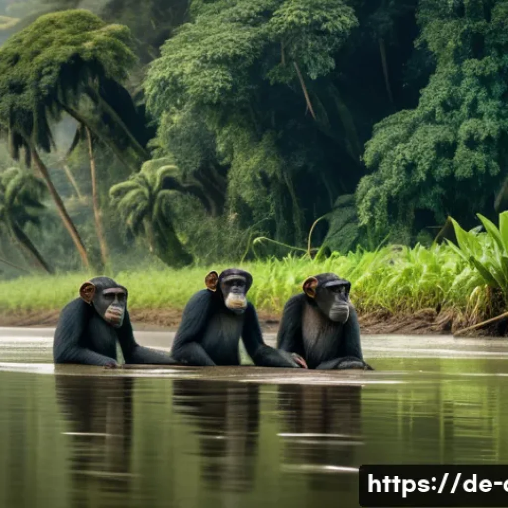 콩고강 유람선 투어 - A serene riverbank scene along the Congo River during early morning light, featuring a group of play...