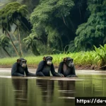 Home 21 콩고강 유람선 투어 - A serene riverbank scene along the Congo River during early morning light, featuring a group of play...