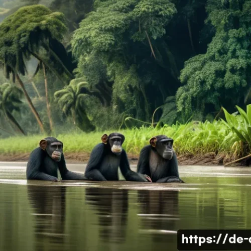 Home 33 콩고강 유람선 투어 - A serene riverbank scene along the Congo River during early morning light, featuring a group of play...