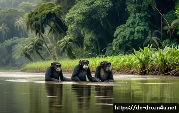 콩고강 유람선 투어 - A serene riverbank scene along the Congo River during early morning light, featuring a group of play...