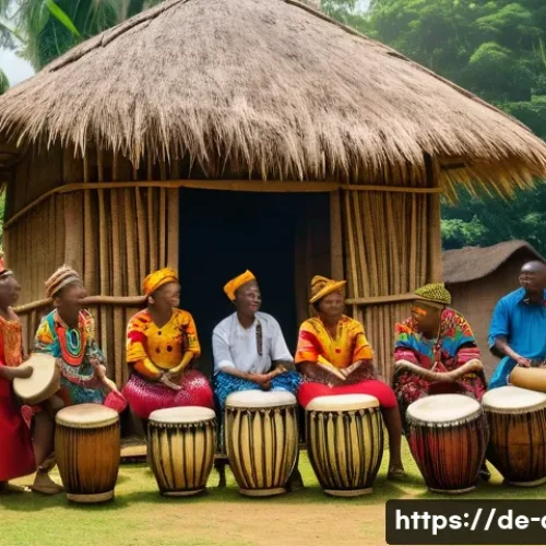 Home 32 콩고 전통 춤과 음악 소개 - A vibrant Congolese village scene during a traditional ceremony, featuring a group of people playing...