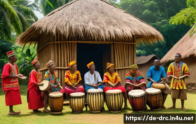 콩고 전통 춤과 음악 소개 - A vibrant Congolese village scene during a traditional ceremony, featuring a group of people playing...