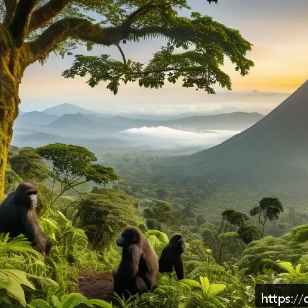 콩고 고릴라 보호구역의 역사적 가치 - A breathtaking panoramic view of the Virunga National Park at sunrise, showcasing dense, mist-covere...