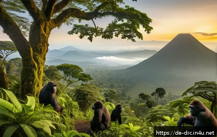 콩고 고릴라 보호구역의 역사적 가치 - A breathtaking panoramic view of the Virunga National Park at sunrise, showcasing dense, mist-covere...
