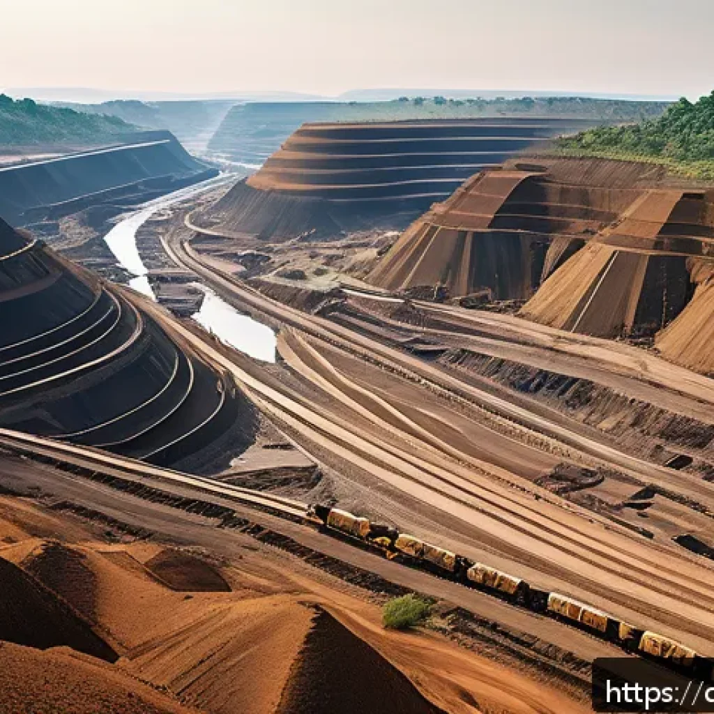 벨기에 식민 통치와 영향 - A detailed illustration of an African mining landscape shaped by colonial-era extraction: rugged ter...