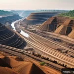 Home 23 벨기에 식민 통치와 영향 - A detailed illustration of an African mining landscape shaped by colonial-era extraction: rugged ter...