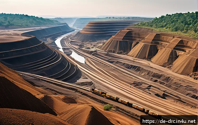 벨기에 식민 통치와 영향 - A detailed illustration of an African mining landscape shaped by colonial-era extraction: rugged ter...